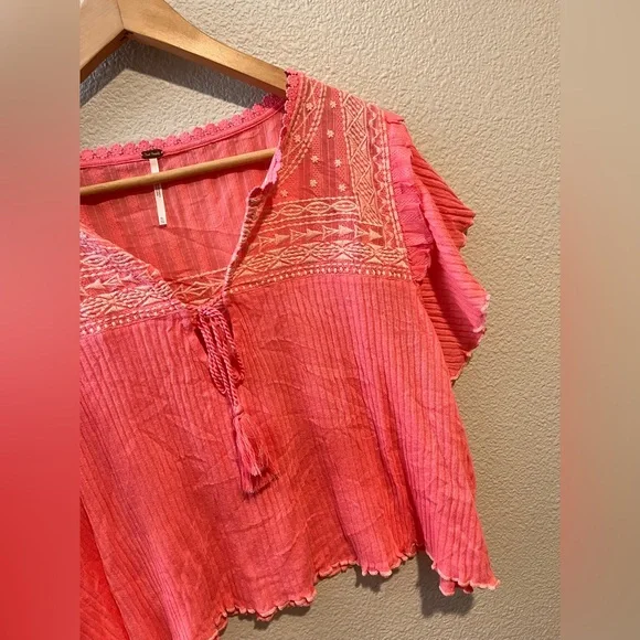 Free People Sarafina Top Boho Cottage Core Embroidered Flutter Crop Pink XL - Picture 6 of 15